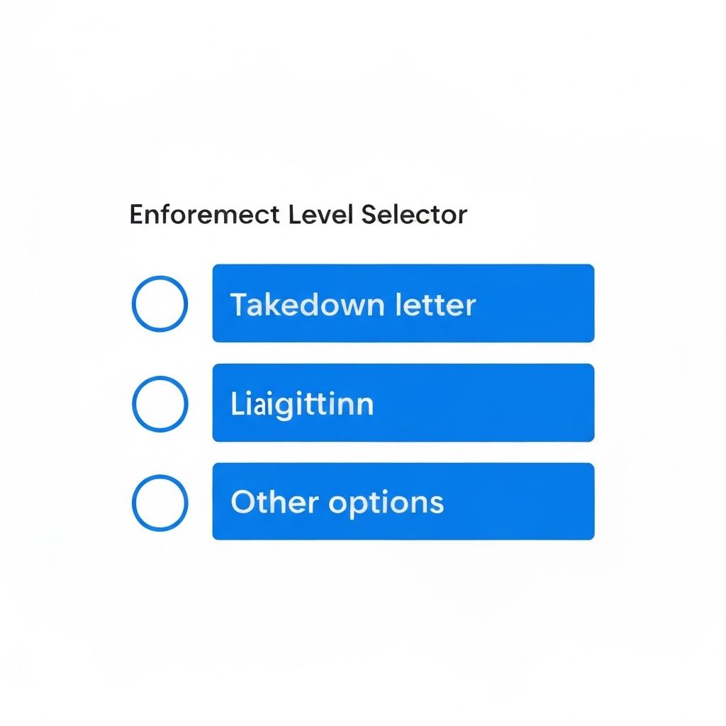 Enforcement level selector with options: Takedown, Letter, Litigation.