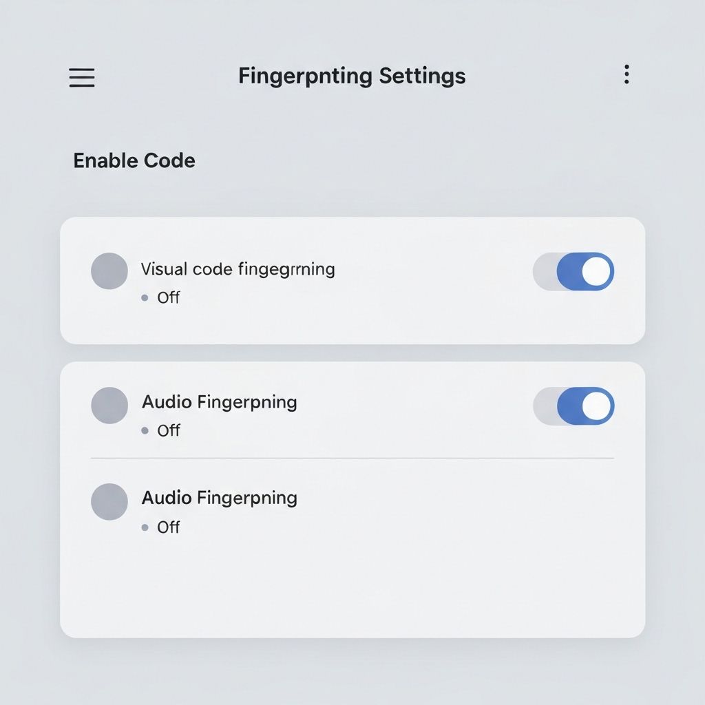 Fingerprinting settings showing visual and code fingerprint toggles.